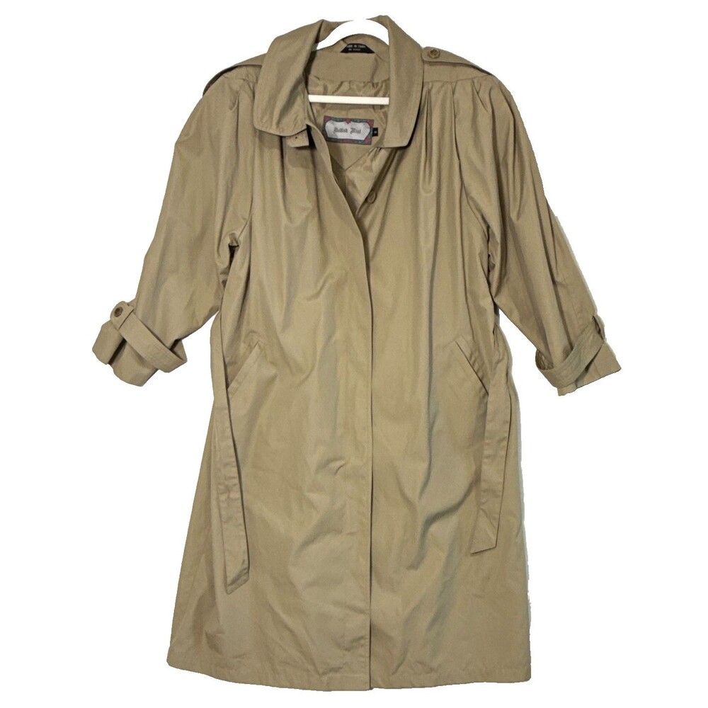 British Mist VINTAGE Women Beige Trenchcoat 16 Belted Button Front Long Raincoat